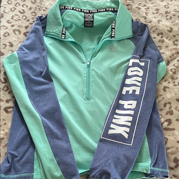 PINK Victoria's Secret Tops - PINK Victoria's Secret Mint Green & Navy Half-Zip Pullover - LOVE PINK Sleeve